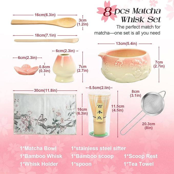 Matcha Whisk Set, 8 Pcs Matcha Kit Set With Pink Cherry Blossom Embossed Pattern Includes 18 OZ Bowl, Bamboo Whisk, Ceramic Holder, Bamboo Scoop x2, Scoop Rest, Stainless Sifter and Tea Towel