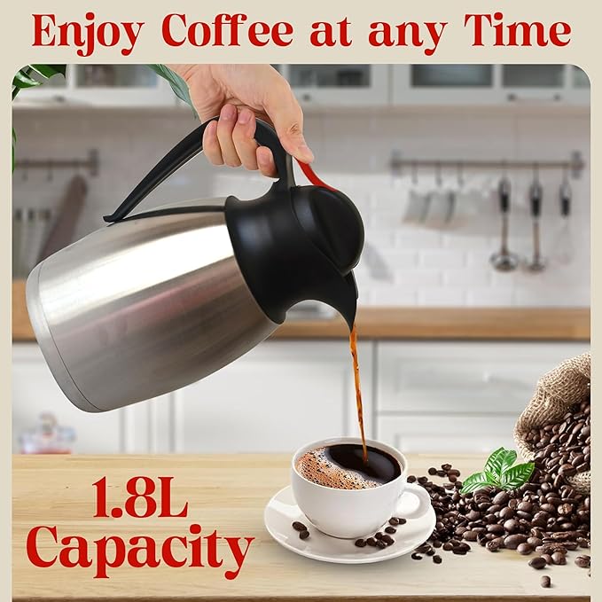 60oz Insulated Coffee Carafe – Thermal Coffee Carafe for Keeping Drinks Hot, Stainless Steel Coffee Thermos, Hot Beverage Dispenser, Large Thermos for Hot Drinks