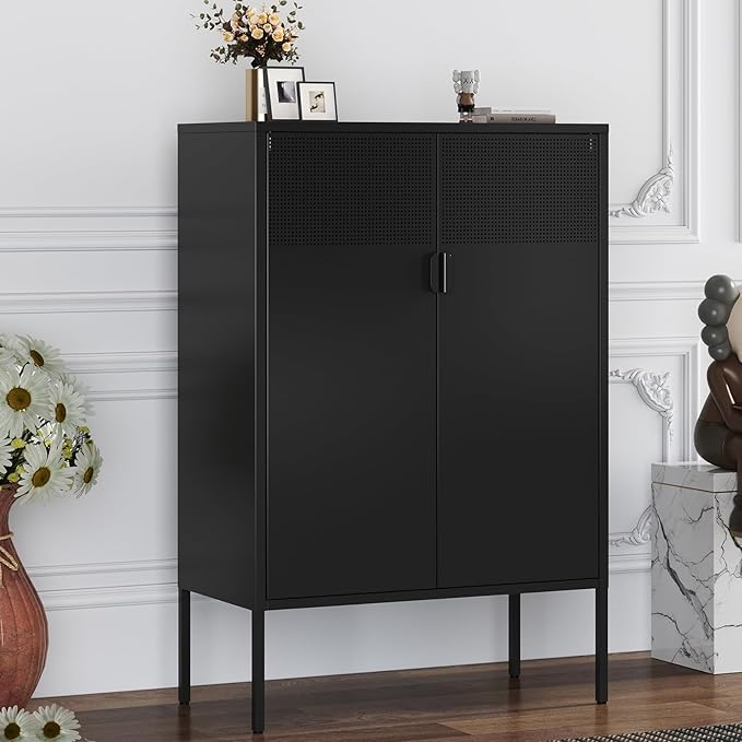 Black Metal Storage Cabinet with 2 Doors - 47''H Locker Cabinet, 3 Tier Locker with Adjustable Shelves,Office Storage Locker for Office, Home, Living Room, Kitchen