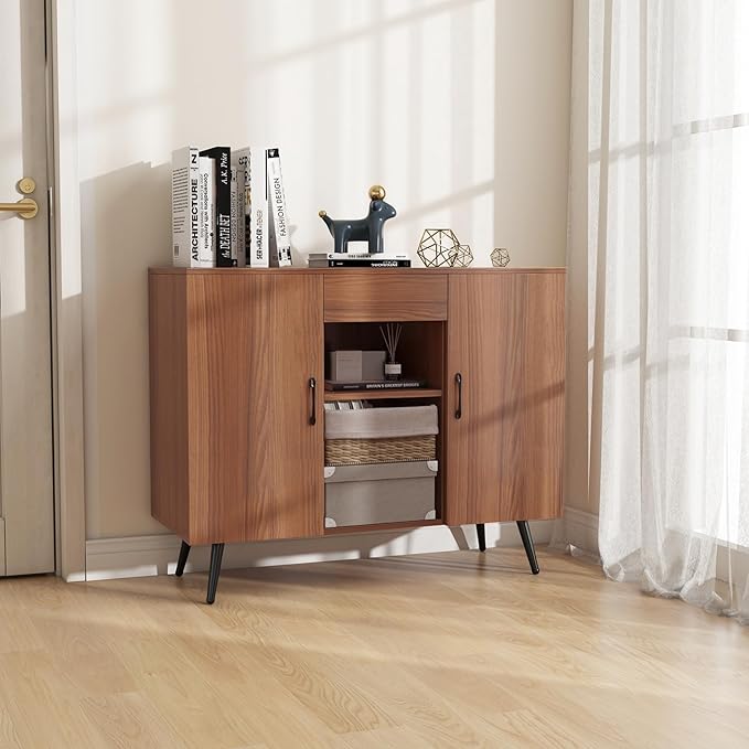 Buffet Cabinet with Storage, Sideboard Cabinet with Drawer & Removable Wine Rack, Kitchen Storage Cabinet with Doors and Shelves, Bar Cabinet for Kitchen, Dining Living Room, Entryway, Walnut