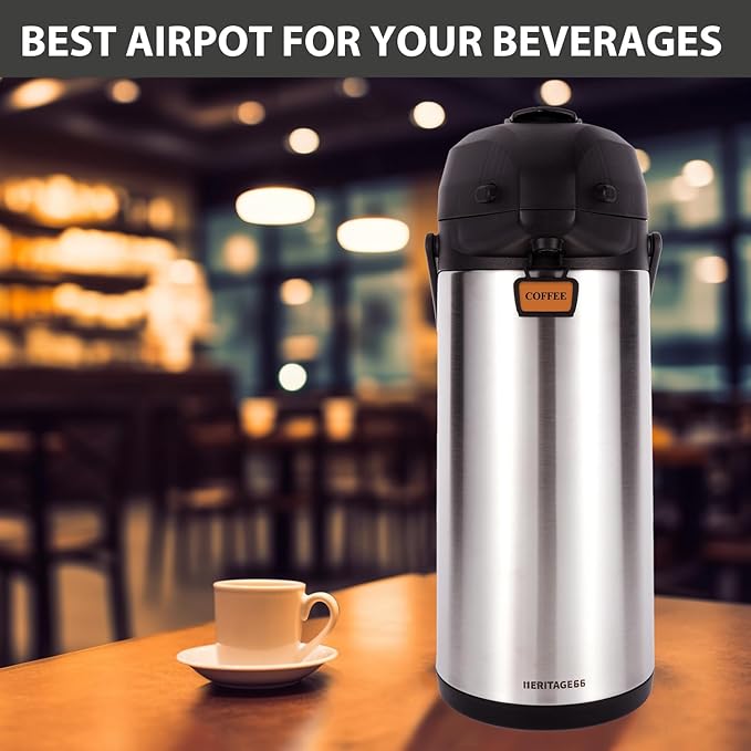Heritage66 3L Airpot Thermal Coffee Carafe with Cleaning Brush, Triple Wall Vacuum Insulated Stainless Steel Coffee Dispenser, 101oz Pump Pot for Hot & Cold Drinks