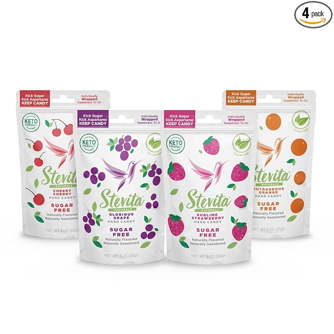 Stevita Hard Candy, Variety Pack - 4 Resealable Pouches - Strawberry, Cherry, Orange & Grape Flavors - Sugar & Aspartame Free - Naturally Flavored & Sweetened - Non-GMO, Gluten Free, Keto Friendly