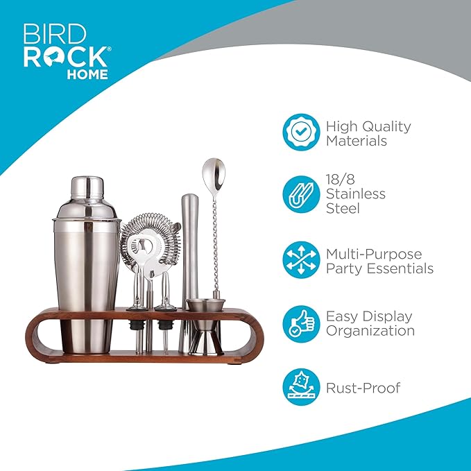 BIRDROCK HOME 10 Piece Professional Bartender Cocktail Mixing Set with Acacia Wood Stand | Stainless Steel Bar Tools for Home | Gift for Him | Includes Shaker, Muddler, Strainers, Jigger, and Spoon