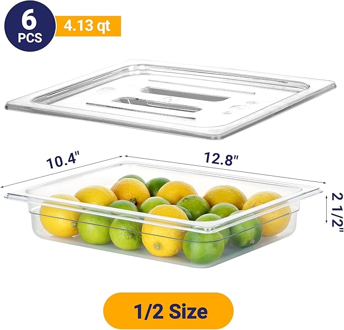 6 Pack NSF Food Pans with Lids, 1/2 Size 2.6'' Deep Commercial Food Storage Containers, Polycarbonate, Clear