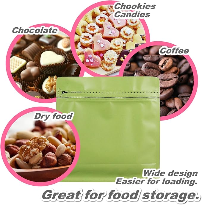 60 Pack High Barrier Stand-Up Coffee Bean Bags with Vented Valve Matte Metallic Heat-Sealable & Resealable Solid Color Pouches (Square,6.1 * 6.5 inch,1/2 lb,Avocado Green)