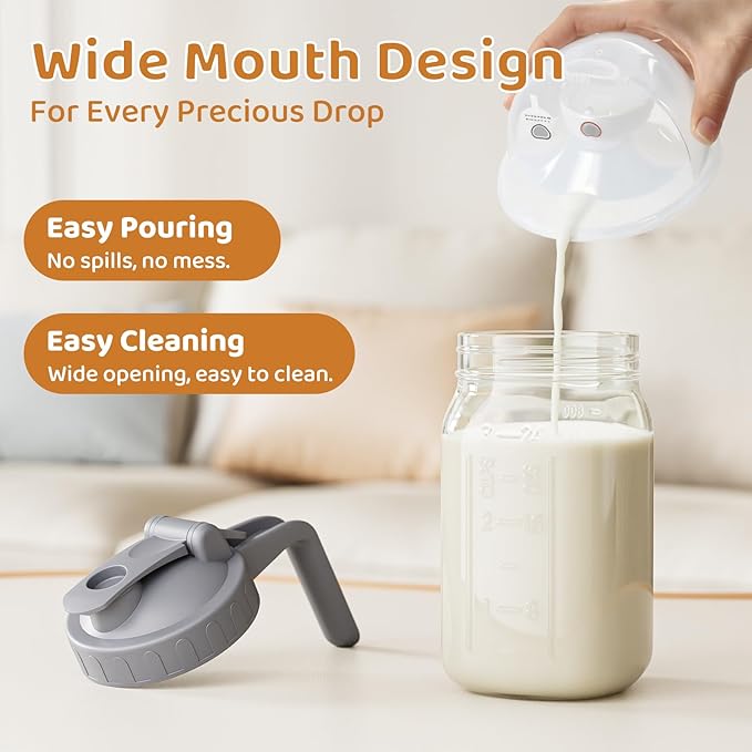 Breast Milk Pitcher, Mason Jar 32 oz, Heavy Duty Wide Mouth Jar with Flip Cap Lid and Pour Spout - Airtight Seal for Freshness and Convenience - Great for Cold Beverages, and Home Entertaining