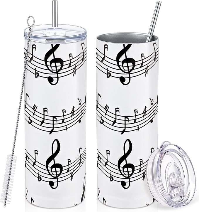 Umigy 2 Pieces Musical Note Gift 20 oz Tumbler with Lid Straw and Brush, Music Travel Mug Stainless Steel Coffee Mug for Lovers Singers Teacher Christmas Gifts