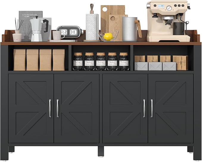 Buffet Cabinet with Storage Farmhouse with 4 Doors and 3 Open Compartments, 55'' Large Kitchen Storage Cabinet Black Wood Coffee Bar Buffet Sideboard for Kitchen, Dining Room, Living Room