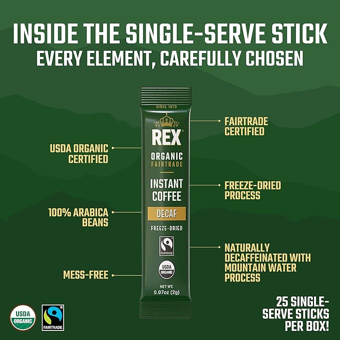Rex Coffee Organic Fairtrade Decaf Freeze-Dried Instant Sticks – Naturally Decaffeinated Arabica, 200 Single-Serve Packs, Mountain Water Process