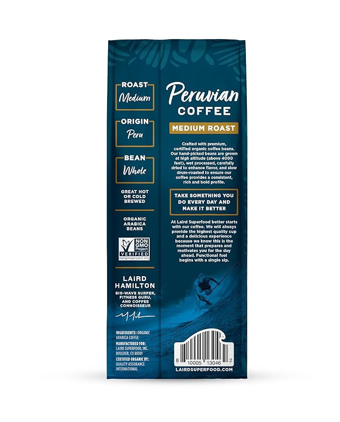Laird Superfood Peruvian Medium Roast Caffeinated Whole Bean Coffee, Ethically Sourced Premium Whole Bean Coffee, Gluten-Free, Dairy-Free, Non-GMO, Paleo, Keto Friendly, 12 oz. Bag