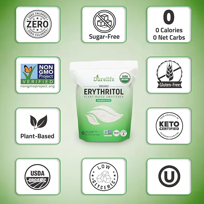 Durelife USDA organic erythritol sweetener, non gmo verified, Keto certified, No After Taste, Kosher, Zero Calorie Plant-Based Sugar Alternative 5 LB