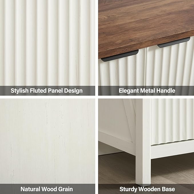 32-inch Fluted Sideboard Cabinet - Rustic Modern Farmhouse Storage Organizer with Adjustable Shelves, Coffee Bar, Entryway Furniture for Kitchen, Living Room (Antique White)