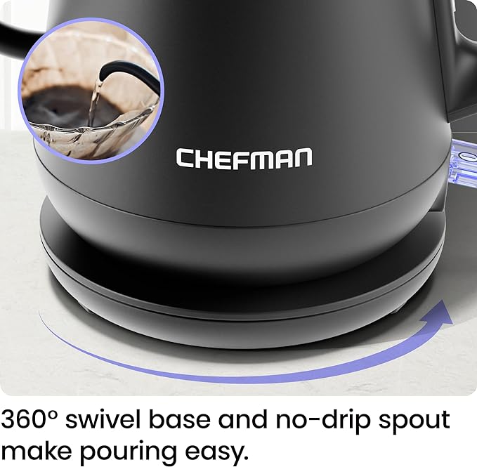 Chefman Gooseneck Electric Kettle, 0.8L Pour Over Tea Kettle for Coffee and Tea, One-Touch Operation, Boil-Dry Protection, Auto Shut-Off, Ultra-Fast Hot Water Boiler – Black