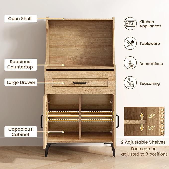 LOKO 45.5” Kitchen Pantry Cabinet, Coffee Bar Cabinet with DIY Pegboard, Rattan Buffet Sideboard with Storage Drawer & Adjustable Shelf, Mid Century Modern Hutch Cabinet for Living Room, Oak (1)
