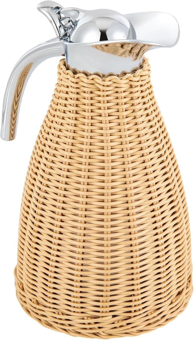 Stainless Steel Coffee Thermal Jug Natural Rattan 1.5L/0.4 Gal Double Walled Vacuum Insualted Jug with Handmade Rattan Body Insulated Thermal Carafe for Hot Liquids Keeping Hot for Home Coffee Shop