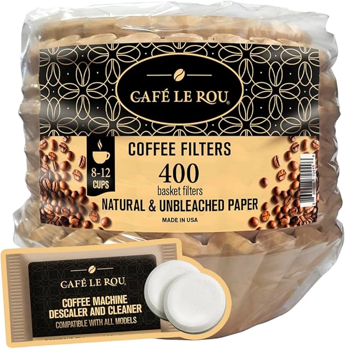 "NEW" - Café Le Rou Paper Coffee Filters, 400 Count, Biodegradable, Natural Fibers 8-12 Cups - Includes Coffee Machine Descaler-Cleaner Tablets Made in the USA