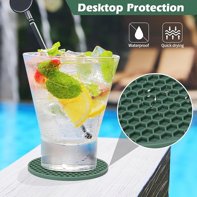 Coasters Set of 6 with Holder,Coasters for Drinks,Coffee Table Decor Coaster,Suitable for Kinds Cups,Anti-Slip,Non-Stick,Silicone Cup Coaster and Living Room Decor(6 Pcs, Green)