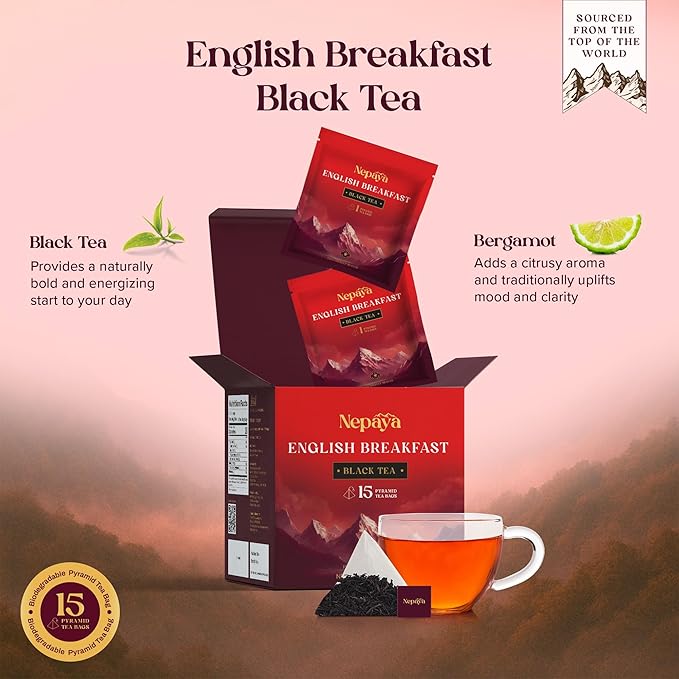 Nepaya English Breakfast Black Tea – 15 Pyramid Tea Bags, Strong & Robust, High Caffeine, Biodegradable, Himalayan Whole-Leaf Breakfast Tea