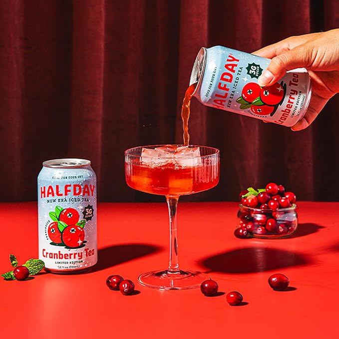 HALFDAY Prebiotic Iced Tea Cranberry, Supports Digestive & Gut Health, Plant Fiber & Prebiotics, 3g Sugar, 35 Calories, Natural Caffeine, Gluten Free, 12 fl oz (12 pack) Packaging May Vary