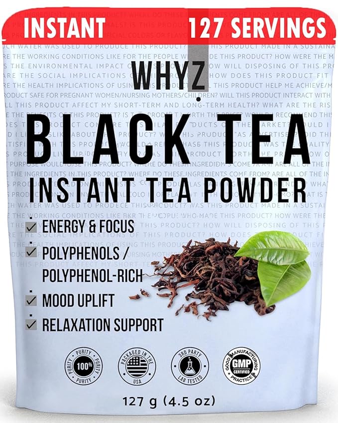WHYZ Instant Black Tea Powder, 4.5 oz, Unsweetened Iced Tea Concentrate from Real Black Tea Leaves, Instant Powder for Hot & Cold Drinks, Powdered & Unsweet Tea 127 Servings