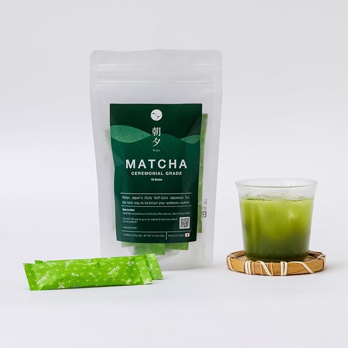 Asayu Japan Matcha Powder - Ceremonial Grade Green Tea, Shizuoka Source, Made in Japan (Sticks - 10x2g)