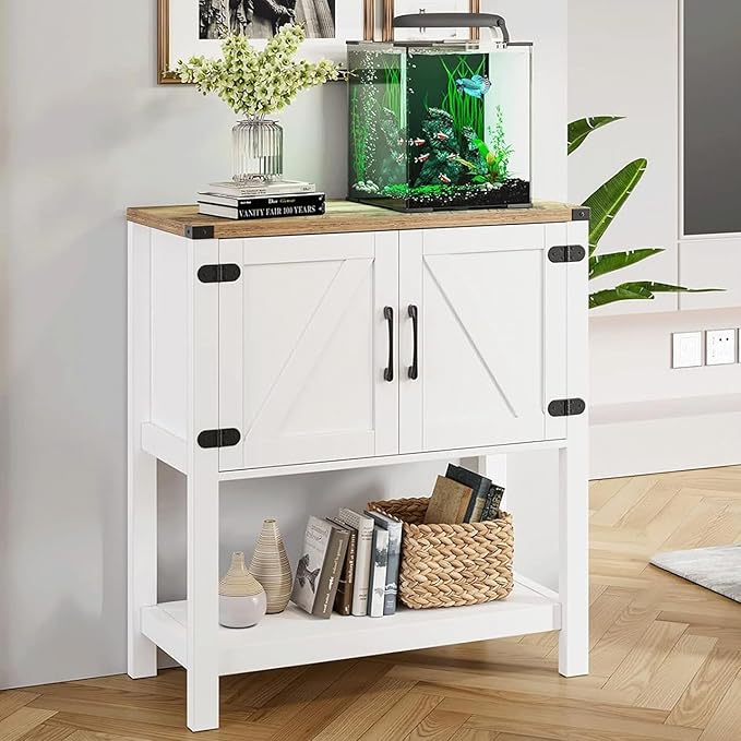 Cheersstar Farmhouse Console Table with 2 Storage Cabinets, Coffee Bar, Entryway Table with with Storage Shelf, Farmhouse Buffet Sideboard for Kitchen, Hallway, Entry Way, Living Room, White