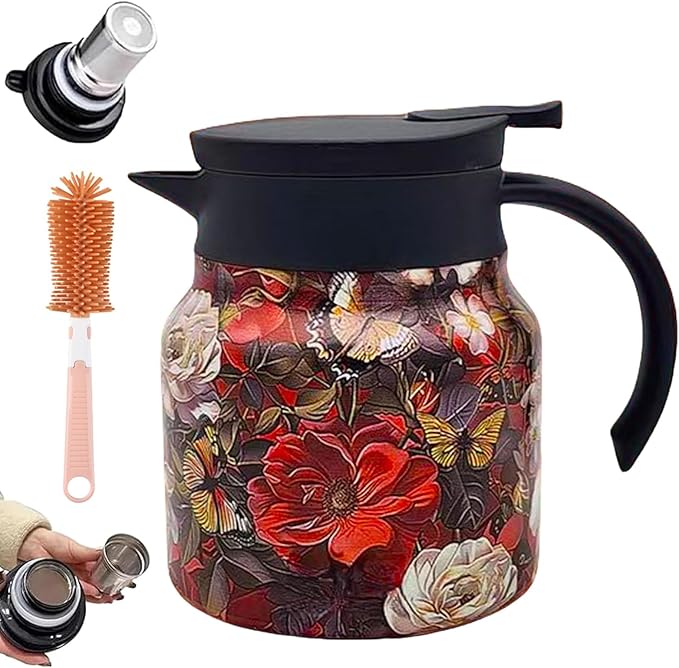Vintage Floral Pattern Teapot – Built-In Infuser, 800ML/1000ML Heatproof Stainless Steel Teapot with Lid for Hot Drinks (Red, 800ml-Plastic handle)