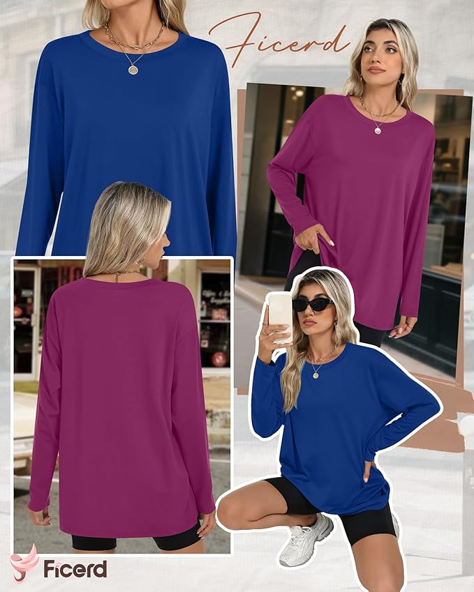 Ficerd 3 Pack Women's Oversized Long Sleeve Shirts Cotton Gym Round Neck Tops Loose Fit Casual Workout Baggy Fall Basic Tee