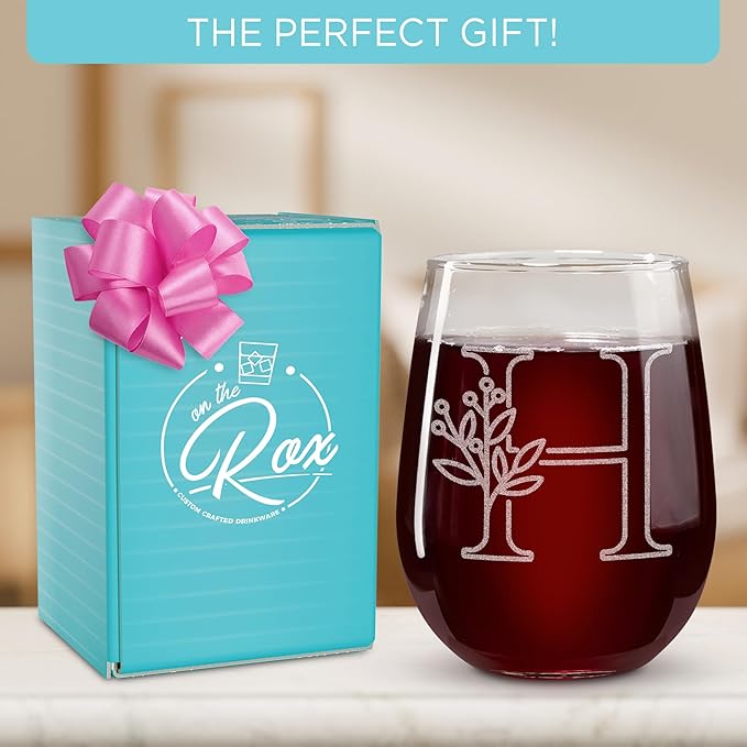 On The Rox Drinks Monogrammed Gifts For Women and Men - Letter A-Z Initial Engraved Monogram Stemless Wine Glass - 17 Oz Personalized Wine Gifts For Women and Men (H)