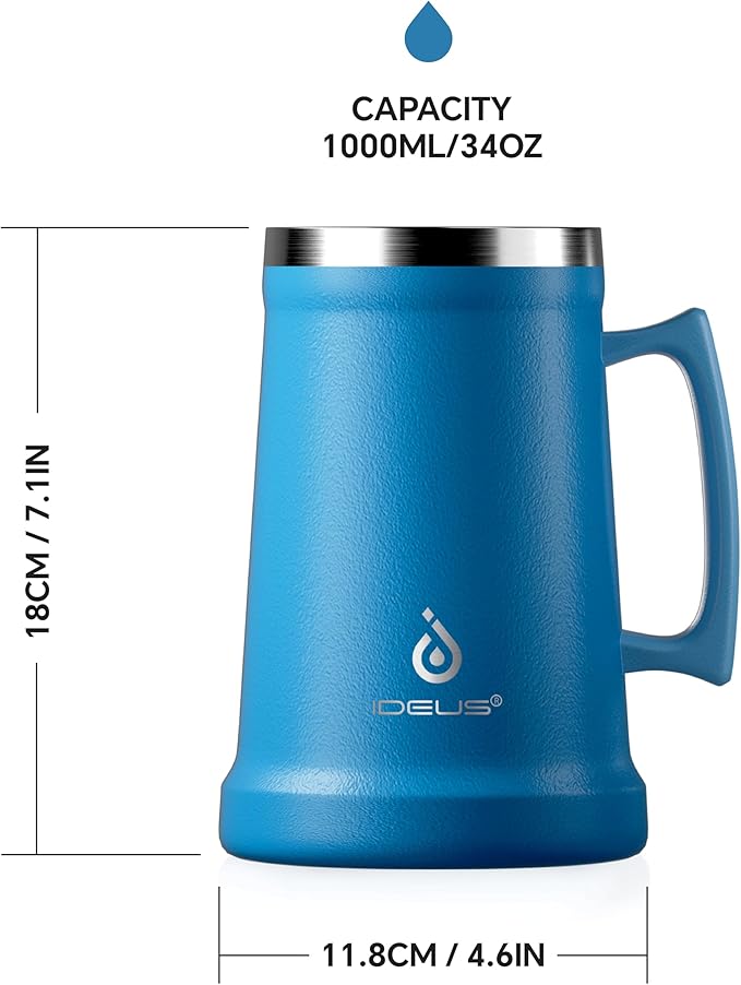 Ideus Insulated Beer Stein, 24/32oz Stainless Steel Double Walled Beer Mug Giant Bar Drinkware Metal Beer Cup with Big Grip Handle (Cerulean, 34oz (1,000ml))
