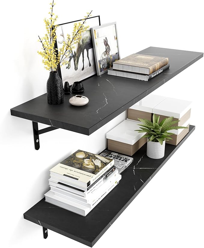 Kaboon 36 inch Long 10 inch Deep Floating Shelves for Wall Set of 2, Large Open Shelves Wall Mounted, Space Saving Home and Commercial Use, Cloud Atlas/Black Marble