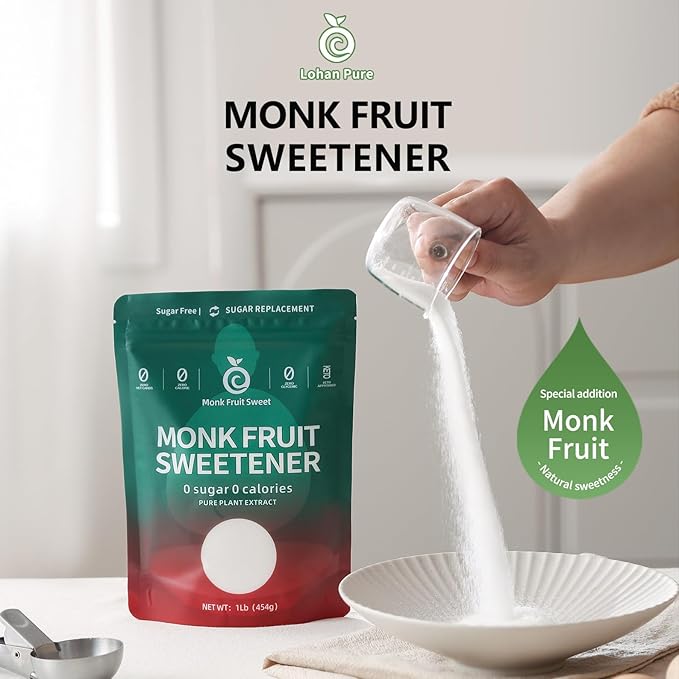 Monk Fruit Sweetener with Erythritol & Steviol Glycosides - 0 Calorie, 0 Net Carb, 0 Glycemic Sugar Substitute - Keto Approved, Plant-Based Natural Sweetener for Baking, Coffee & Cooking (1LB)