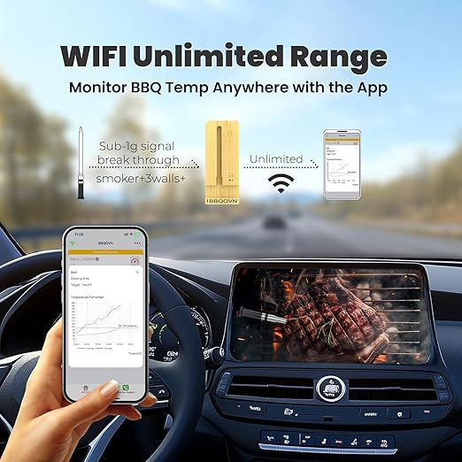 WiFi Sub-1G Wireless Meat Thermometer Unlimited Range, Check Temp Anywhere,7 NIST Certified Sensors with Ambient Temp, Monitor for BBQ, Grill, Oven, Smoker, Air Fryer (Black)