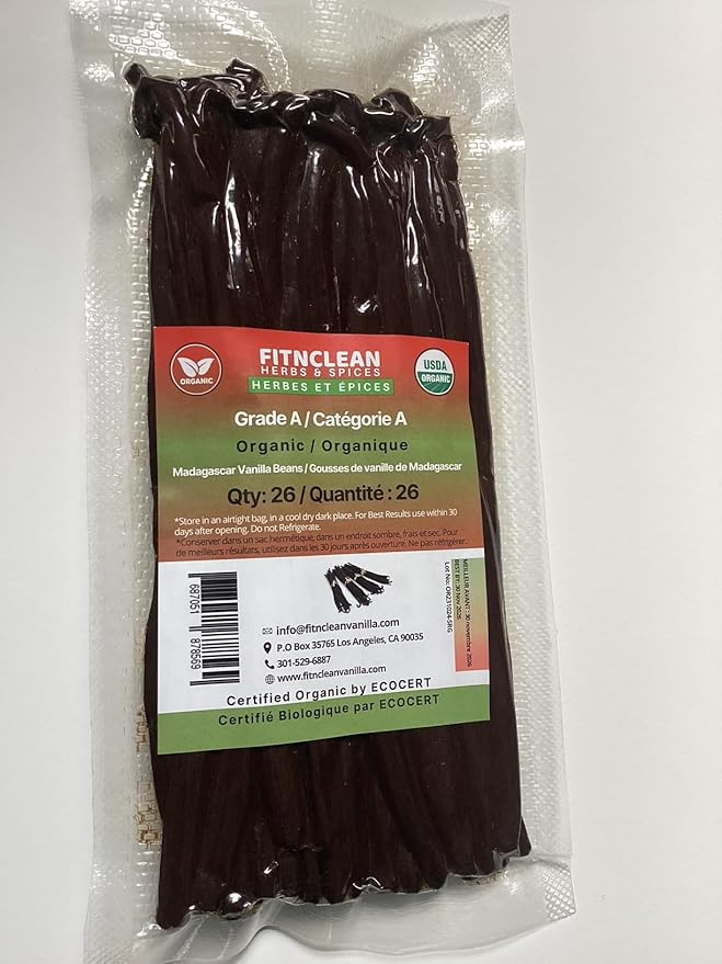 26 Organic Madagascar Vanilla Beans Grade A. Certified USDA Organic. Fresh by FITNCLEAN VANILLA for Extract, Cooking, Brewing, Baking. Bulk Bourbon NON-GMO Whole Gourmet Pods