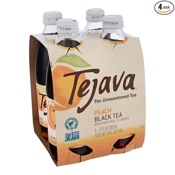 Tejava Peach Black Iced Tea, 4 Pack, 12oz Glass Bottles, Unsweetened, Non-GMO, Kosher, No Sugar or Sweeteners, No calories, No Preservatives, Brewed in Small Batches