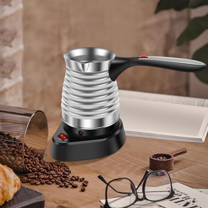 Turkish Coffee Maker, Stainless Steel 500ml Turkish Coffee Machine with Folding Handle, 5 to 6 Cups Capacity Turkish Coffee Pot, Electric Coffee Tea Warmer Kettle for Home Travel (Thread)