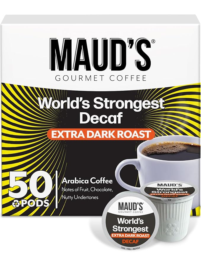 Maud's World's Strongest Decaf Coffee Pods, 50ct, Decaffeinated Dark Roast Coffee in Recyclable Single Serve Pods – 100% Arabica Coffee, Compatible with Keurig K Cups Maker
