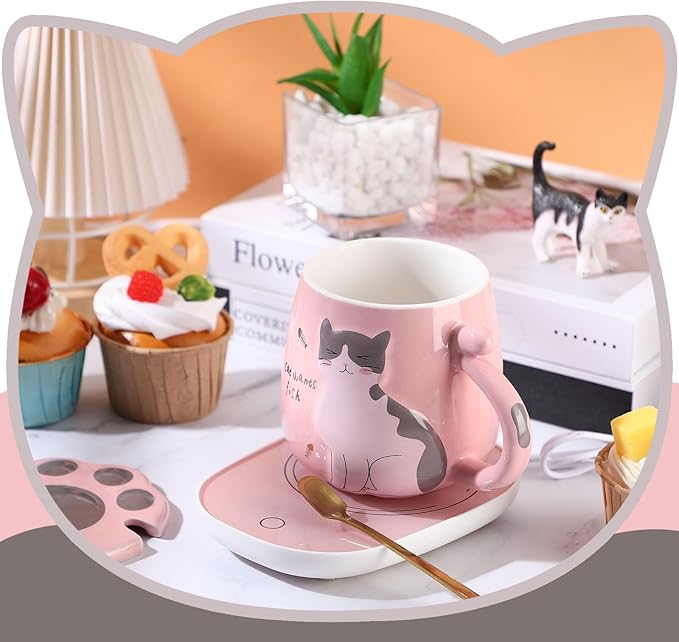 Honeydak Coffee Mug Warmer Cute Cat Mug Set Cup Warmer for Desk for Women Heated Coffee Warmer for Mom Home Office Christmas Birthday Gifts(Pink)