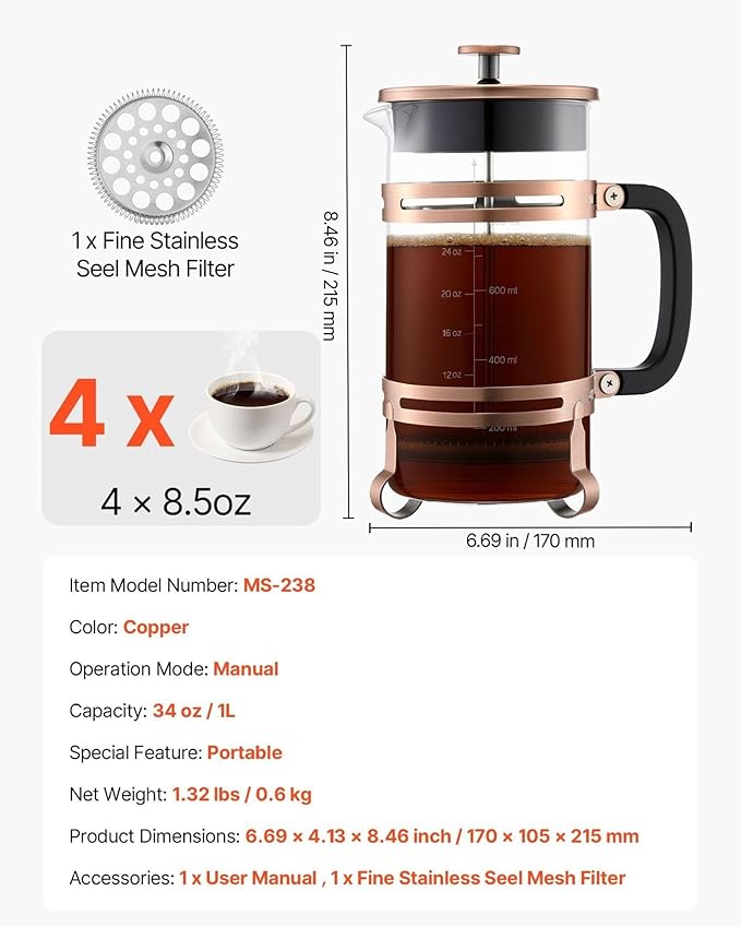 French Press Coffee Maker 34oz, Borosilicate Glass Coffee Press