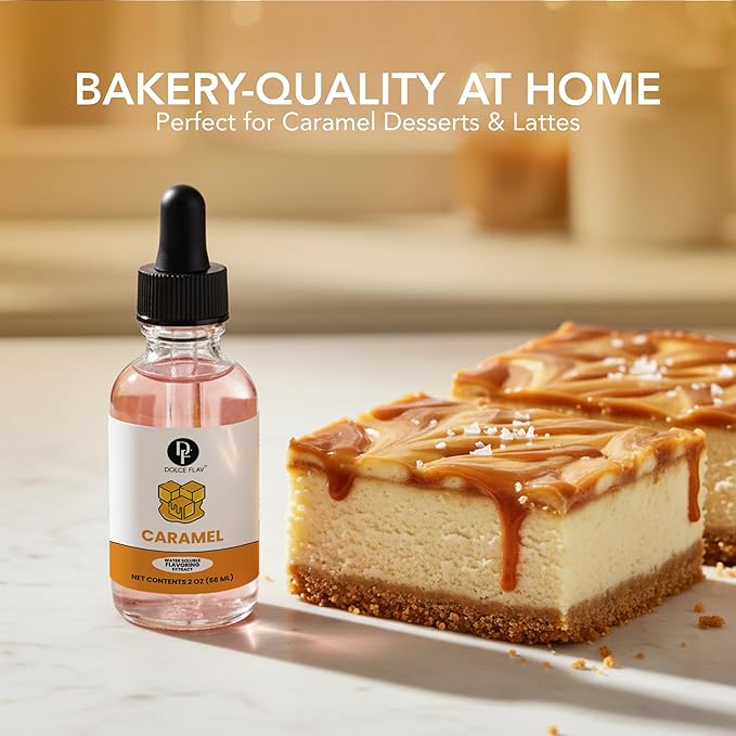 Dolce Flav Natural Caramel Extract - 2 Ounce Water-Soluble Multipurpose Flavoring Ideal for Baked Goods, Beverages, Coffee, Desserts & Ice Cream - Perfect Kitchen Gift for Holidays