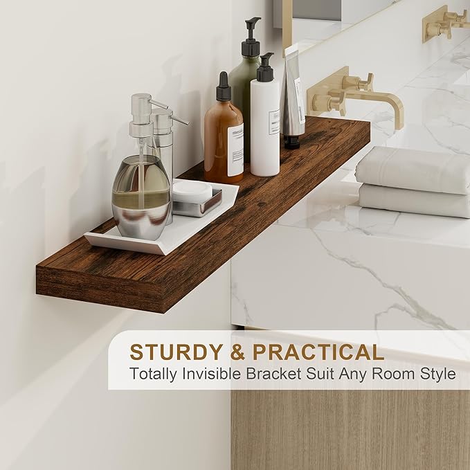 Fun Memories Floating Shelves for Wall, 24Inch Floating Shelves Set of 2, Hanging Shelf with Invisible Brackets, Wood Shelves for Living Room, Bedroom, Kitchen, Brown