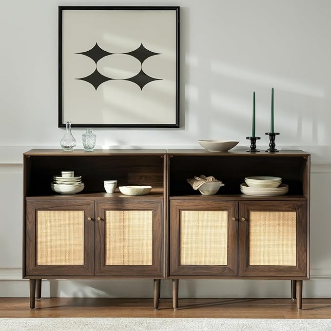Rattan Sideboard Cabinet, Boho Buffet Storage Cabinet Farmhouse Credenza Cabinet with Natural Rattan Doors and Adjustable Shelves for Living Room, Dining Room, Entryway, Kitchen, Brown