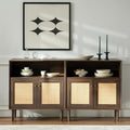 Rattan Sideboard Cabinet Set of 2, Boho Buffet Storage Cabinets Farmhouse Credenza with Natural Rattan Doors and Adjustable Shelves for Living Room Dining Room Entryway Kitchen(Walnut)