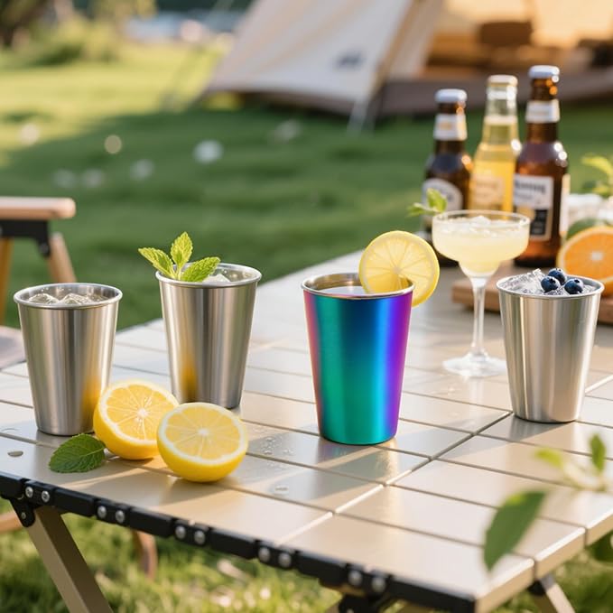 4 Pack 16oz Stainless Steel Cups, Stainless Steel Stacking Beer Pint Cups, Stainless Steel Water Tumbler for Home, Party, Camping, Outdoor, Stackable Drinking Glasses, Reusable, BPA Free
