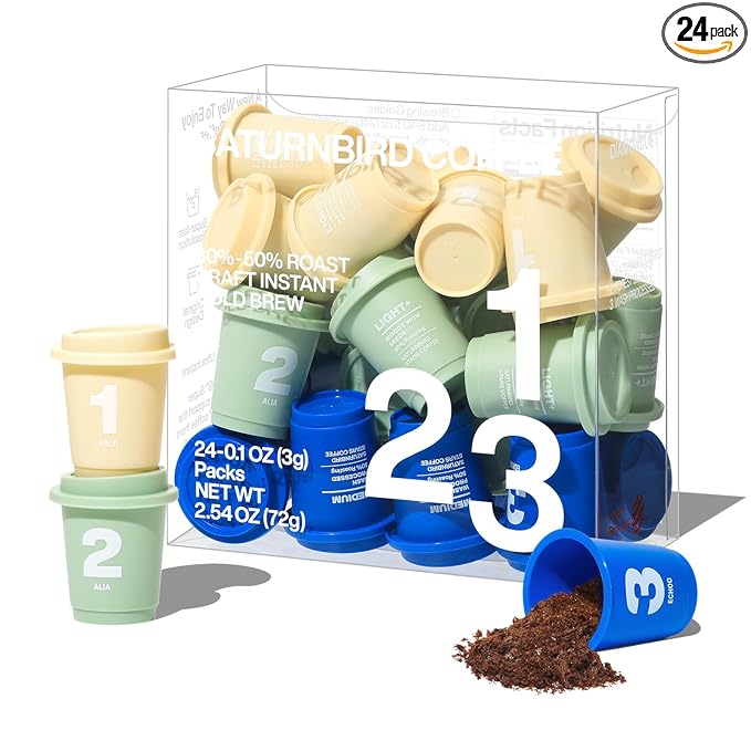 SATURNBIRD Instant Coffee Cold Brew，Coffee Packets of Light/Medium Roast, 100% Arabica, Enjoy Hot/Cold Freeze Dried Iced Coffee, 24 Single Servings for Home, Travel, Office, 3 Roast Levels (NO.1-3)