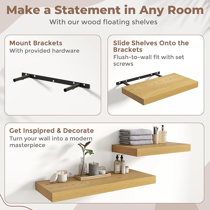 16 Inch Floating Shelves for Wall Set of 2, 12"D Wood Grain Bathroom Shelves with Invisible Brackets, Easy Install Engineered Wood Storage Shelves for Kitchen, Living Room, Bedroom, Oak Finish
