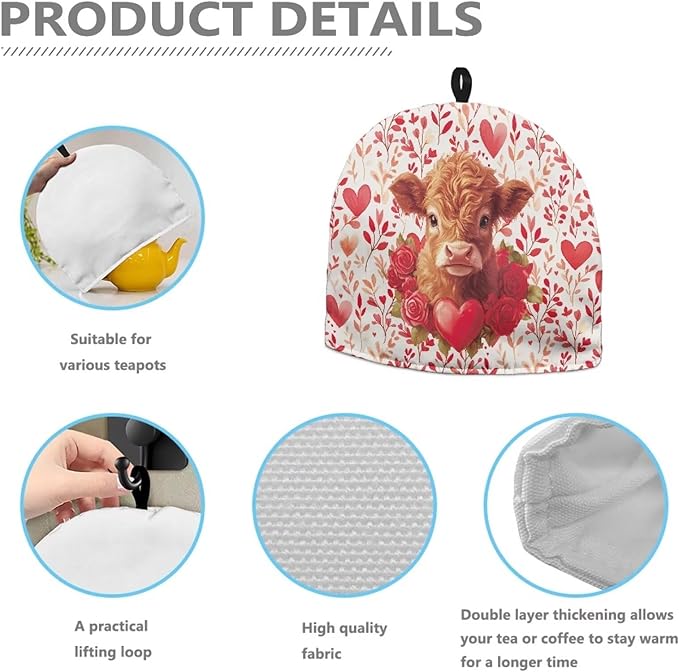 Highland Cow Tea Pot Cover Small Tea Pot with Warmer Heart Love Teapot Insulation Cover Keep Warm Teapot Dust Protector