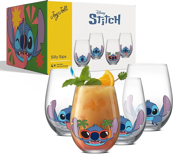 JoyJolt Disney Stitch Silly Sips Stemless Drinking Glasses, 19oz Teardrop Glass Cups, Glass Tumbler Cup Set of 4, Stitch Stuff, Lilo and Stitch Gifts, Disney Gifts for Adults