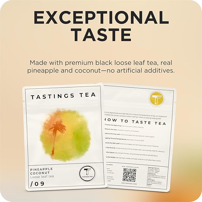 Tastings Tea Pineapple Coconut Loose Leaf, 2.25 oz | Tropical Black Blend & Fruit Infusion | Medium Caffeine | Naturally Sweet & Energizing | Small Batch & Sustainably Sourced | Resealable Pouch