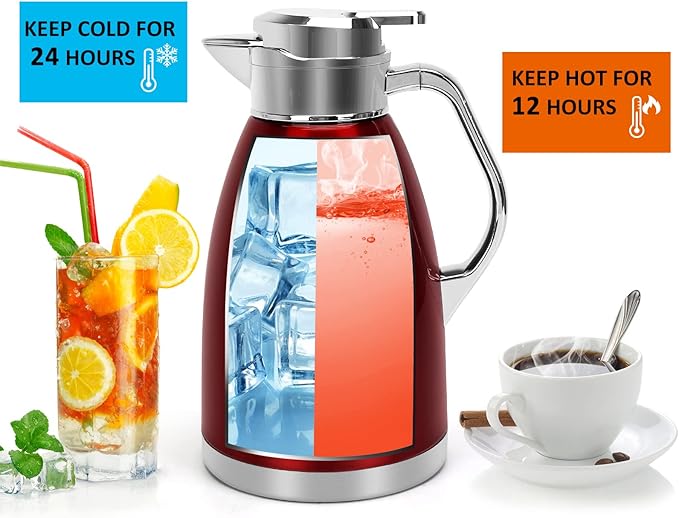 Coffee Carafes for Keeping Hot, ShineMe Stainless Steel Thermal Coffee Carafe, Double Walled Vacuum Coffee Pot, 61oz(1.8L) Insulated Hot Water & Coffee Dispenser, 12H Heat/24H Cold Retention